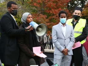 Farhia Ahmed of The Justice for Abdirahman Abdi Coalition speaks during a rally Tuesday after the verdict came out absolving an Ottawa police officer of any crime.