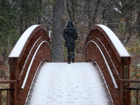 A walker crosses the bridge leading up to the Sugarbush trail in Gatineau Park in Old Chelsea during the first snowfall of the region, October 26, 2020.