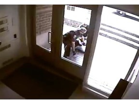 Still from video shown at the Const. Daniel Montsion trial. The CCTV surveillance video shows the July 24, 2016 fatal arrest of Abdirahman Abdi.