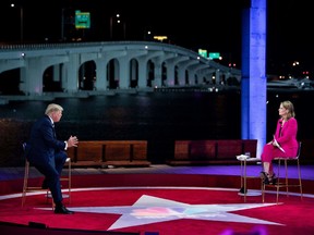 US President Donald Trump gestures as he speaks during an NBC News town hall event moderated by Savannah Guthrie at the Perez Art Museum in Miami on October 15, 2020.