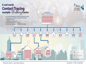 Ottawa Public Health graphic indicates spread pattern from a single guest with a mild case of COVID-19 at a wedding in September.