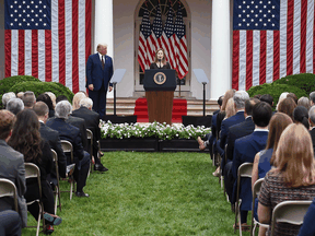 Judge Amy Coney Barrett speaks after being nominated to the U.S. Supreme Court by President Donald Trump in the Rose Garden of the White House on September 26, 2020. The occasion appears to have been a COVID-19 super-spreader event.