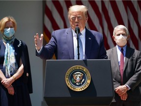 President Donald Trump, with Response coordinator for White House Coronavirus Task Force Deborah Birx (left) and Director of the National Institute of Allergy and Infectious Diseases Anthony Fauci (right) in the Rose Garden of the White House on May 15, 2020.