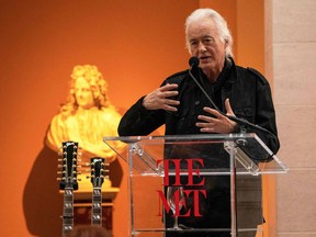 (FILES) In this file photo taken in 2019, Jimmy Page, guitarist and Led Zeppelin founder, speaks during a media preview for an exhibit. The US Supreme Court on October 5, 2020 refused to take up a copyright claim over Led Zeppelin's classic "Stairway to Heaven," capping a long-running legal dispute over the song. A lower court in California last March had ruled that the British rockers had not swiped the song's opening riff from "Taurus," which was written by Randy Wolfe of a Los Angeles band called Spirit.