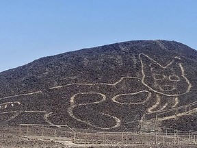 A giant cat figure etched into a slope at the Unesco world heritage site in the desert near the town of Nasca in southern Peru.