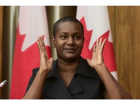 New Green Party leader Annamie Paul holds a press conference in Ottawa on Monday.