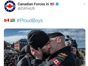 A tweet featuring a photograph of a Canadian Forces sailor kissing his partner on his return home in Victoria, B.C. in 2016, which was posted by the U.S-based Canadian Defence Liaison Staff in response to the Proud Boys hashtag that saw many prominent gay Twitter users send out photos of same sex couples, is seen on the @CAFinUS (Canadian Armed Forces working in the United States) account October 4, 2020.  Canadian Armed Forces/Social Media via REUTERS.  THIS IMAGE HAS BEEN SUPPLIED BY A THIRD PARTY. ORG XMIT: TOR500