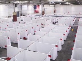 An overhead view shows a field hospital known as an Alternate Care Facility set up at the state fair ground as cases of coronavirus disease (COVID-19) cases spike in the state near Milwaukee, Wisconsin, U.S.