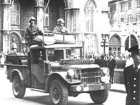 Troops guard Place d'Armes in Montreal during Pierre Laporte's funeral on Oct. 20, 1970.