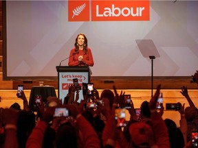 New Zealand Prime Minister Jacinda Ardern claims victory over challenger Judith Collins at the Labour Party election night event in Auckland, New Zealand, October 17, 2020.