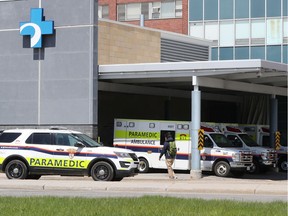 Ambulance line ups at the Ottawa Civic Hospital in Ottawa Tuesday, May 12, 2020.