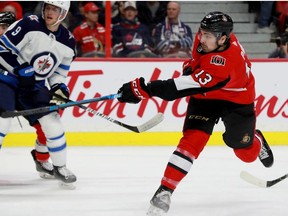 Files: Ottawa's Nick Paul scores his goal during a game between the Ottawa Senators and the Winnipeg Jets on Feb. 20, 2020.