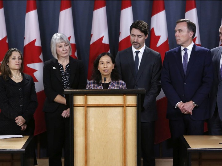  Theresa Tam, Canada’s chief public health officer, center, speaks during a news conference on the coronavirus in Ottawa, Ontario, Canada, on Wednesday, March 11, 2020.