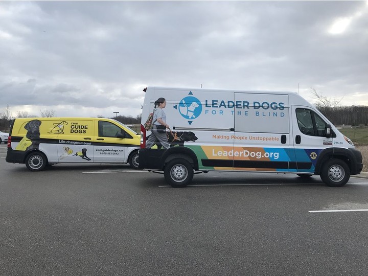  The handoff: Staff from CNIB Guide Dogs met staff from Leader Dogs for the Blind in Port, Huron Michigan to transfer the six dogs to Canadian care.