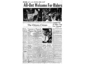 The Ctiizen's front page of Nov. 28, 1960 announces the Ottawa Rough Riders' Grey Cup victory, and fans' celebrations.