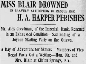 The Citizen's front page from Dec. 7, 1901, announcing the previous evening's deaths of H.A. Harper and Bessie Blair, who drowned after falling through the ice while skating on the Ottawa River.