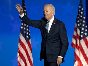 Democratic presidential nominee Joe Biden speaks at a drive-in election night event at the Chase Center in the early morning hours of November 04, 2020 in Wilmington, Delaware.
