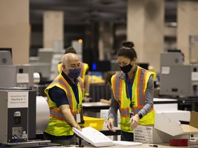 Temporary employees of the City Commissioner's office wearing protective masks count votes at a convention center for the 2020 Presidential election in Philadelphia, Pennsylvania, U.S., on Wednesday, Nov. 4, 2020.