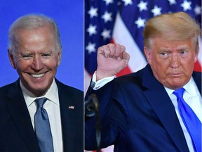 TOPSHOT - (COMBO) This combination of pictures created on November 04, 2020 shows Democratic presidential nominee Joe Biden (L) in Wilmington, Delaware, and US President Donald Trump (R) in Washington, DC both pumping their fist during an election night speech early November 4, 2020.