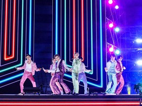Files: In this handout image courtesy of ABC, BTS performs during the 2020 American Music Awards aired from Los Angeles