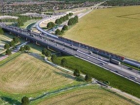 An artist's rendering of how new bridges on Woodroffe Avenue and at the adjacent Transitway would be built over the Via Rail tracks, with an additional crossing at Fallowfield Road in the distance.
