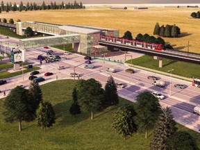 An artist's rendering of where a future LRT station would be built across from the Nepean Sportsplex with a connecting pedestrian bridge over Woodroffe Avenue.