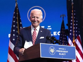 U.S. President-elect Joe Biden delivers remarks about the U.S. economy during a press briefing at the Queen Theater on November 16, 2020 in Wilmington, Delaware.
