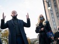Democratic presidential nominee Joe Biden and Lady Gaga greet college students at Schenley Park on November 02, 2020 in Pittsburgh, Pennsylvania.