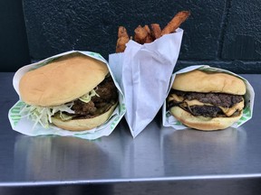 OTTAWA- Novemeber 4, 2020. Crispy chicken burger, sweet potato fries and double onion Shelby burger from Shelby Burger