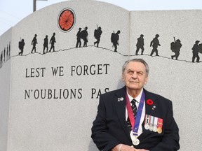 Jean-Louis Roy, a Korean War vet, next to the Perley and Rideau Veterans Health Centre's Cenotaph, at the front of the complex. Roy, 94, was too young for the Second World War, but joined the navy right out of high school.
