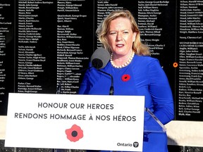 Lisa MacLeod, minister of Heritage, Sport, Tourism and Culture Industries, speaks at the Home for Heroes Foundation event in Kingston on Tuesday, saying after the event that the ban on bodychecking in the Ontario Hockey League is still in effect. (Ian MacAlpine/The Whig-Standard)