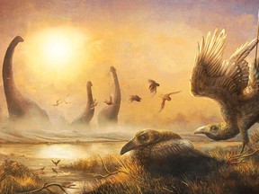 An illustration depicting the bird Falcatakely forsterae amidst non-avian dinosaurs and other creatures 68 million years ago during the Cretaceous Period in Madagascar.