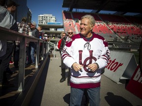 Alex Trebek makes a special appearance at the Panda Game between the University of Ottawa and Carleton in October 2019.