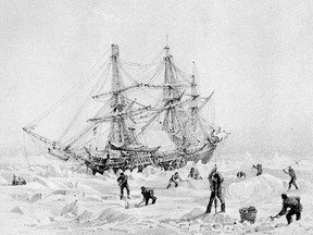 The HMS Terror is depicted as it was trapped in the ice during Sir John Franklin's last expedition.