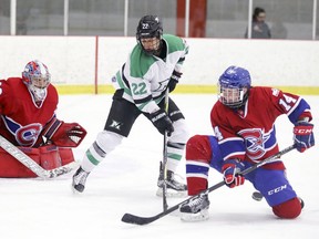 Les Canadiennes' Erin Ambrose goes down to block a Markham Thunder shot in front of Thunder's Nicole Kosta and Montreal goalie Emerance Maschmeyer during Canadian Women's Hockey League playoff game in Montreal on March 16, 2018.