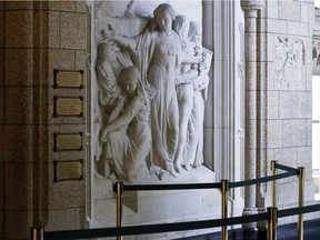 A sculpture honouring nurses during the wars has a bullet hole in the base of the sculpture. Located in the Hall of Honour in the Centre Block of Parliament Hill Oct 23.  A gunman had killed a Canadian soldier Cpl Nathan Cirillo who had been standing guard at the Cenotaph Oct 22. The gunman was killed by Parliamentary security following the shooting.