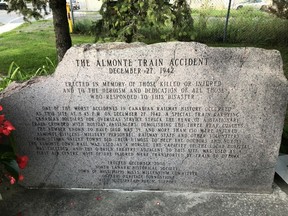 One of the two large stones that mark the site of the Almonte train crash that occurred on Dec. 27, 1942. This one tells the story of the crash, the other lists the 39 people killed in the collision. The stones were placed at the site in 2000 as a memorial to the victims.