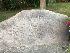 The second of two large stones that mark the site of the Almonte train crash. This one lists the 39 people killed in the collision. The stones were placed at the site in 2000 as a memorial to the victims.