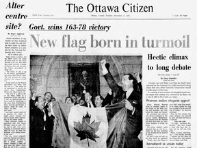 On Dec. 15, 1964, the House of Commons voted 163-78 to adopt a new Canadian flag - a red maple leaf on a white background, bordered on either side by a red vertical bar.
