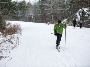 Cross-country skiers enjoying a bit of fresh snow on the trails in Gatineau Park.