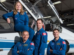 The Canadian Space Agency astronaut team pictured in 2017. Back: Jenni Sidey-Gibbons. Front, left to right: David Saint-Jacques, Joshua Kutryk, Jeremy Hansen.