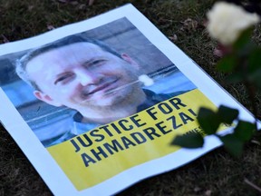 In this photo taken in 2017, a flyer is pictured during a protest for Ahmadreza Djalali, a Swedish-Iranian academic still detained in Tehran and moved to death row earlier this week.
