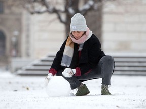FILE: A woman builds a snowman in the park.