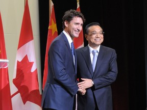 Justin Trudeau and Chinese Premier Li Keqiang at a 2016 conference of the Canada-China Business Council in Montreal.