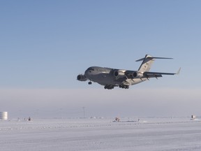 A CC-177 Globemaster lands in Hall Beach, Nunavut, to deliver personnel and equipment during Operation NUNALIVUT 2017 on February 23, 2017. 

Photo: Sgt Jean-François Lauzé, Task Force Imagery Technician
PA01-2017-0054-016