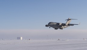 A CC-177 Globemaster lands in Hall Beach, Nunavut, to deliver personnel and equipment during Operation NUNALIVUT 2017 on February 23, 2017. 

Photo: Sgt Jean-François Lauzé, Task Force Imagery Technician
PA01-2017-0054-016