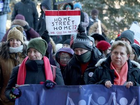 Demonstrators make their point about secure housing during a rally in early 2020, even before the pandemic hit and worsened the crisis.