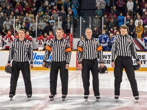 Tyson Stewart (second from the left), awaiting the start of a game, hopes a good showing at the world juniors can propel him to a job in the NHL.