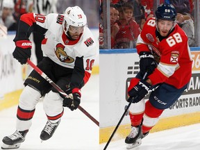 A combination image of Anthony Duclair, left, and Mike Hoffman, both high-scoring forwards who are also unsigned NHL free agents.