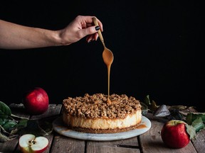 Apple crisp cheesecake with salted caramel from The Farmer's Daughter Bakes.